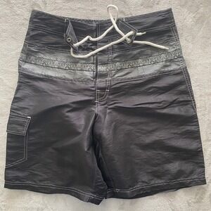 Utility Mens Tiki Mask Board Shorts Black Contrast Stitch Swim Trunks Size 30